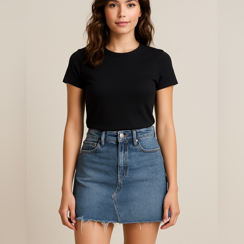 Wild Fable High Rise Denim Mini Skirt Frayed Hem Blue Wash Size 0